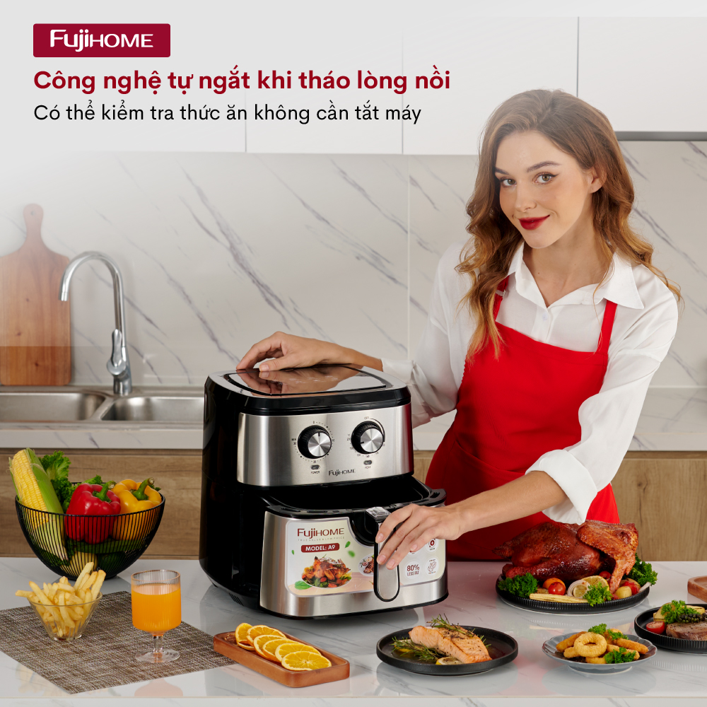 Mô tả Nồi chiên không dầu FUJIHOME A9 dung tích 9.2 lít - Công suất 1800W - Bảo hành điện tử toàn quốc - 8