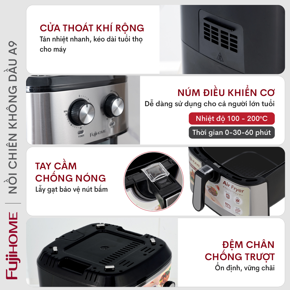 Mô tả Nồi chiên không dầu FUJIHOME A9 dung tích 9.2 lít - Công suất 1800W - Bảo hành điện tử toàn quốc - 2