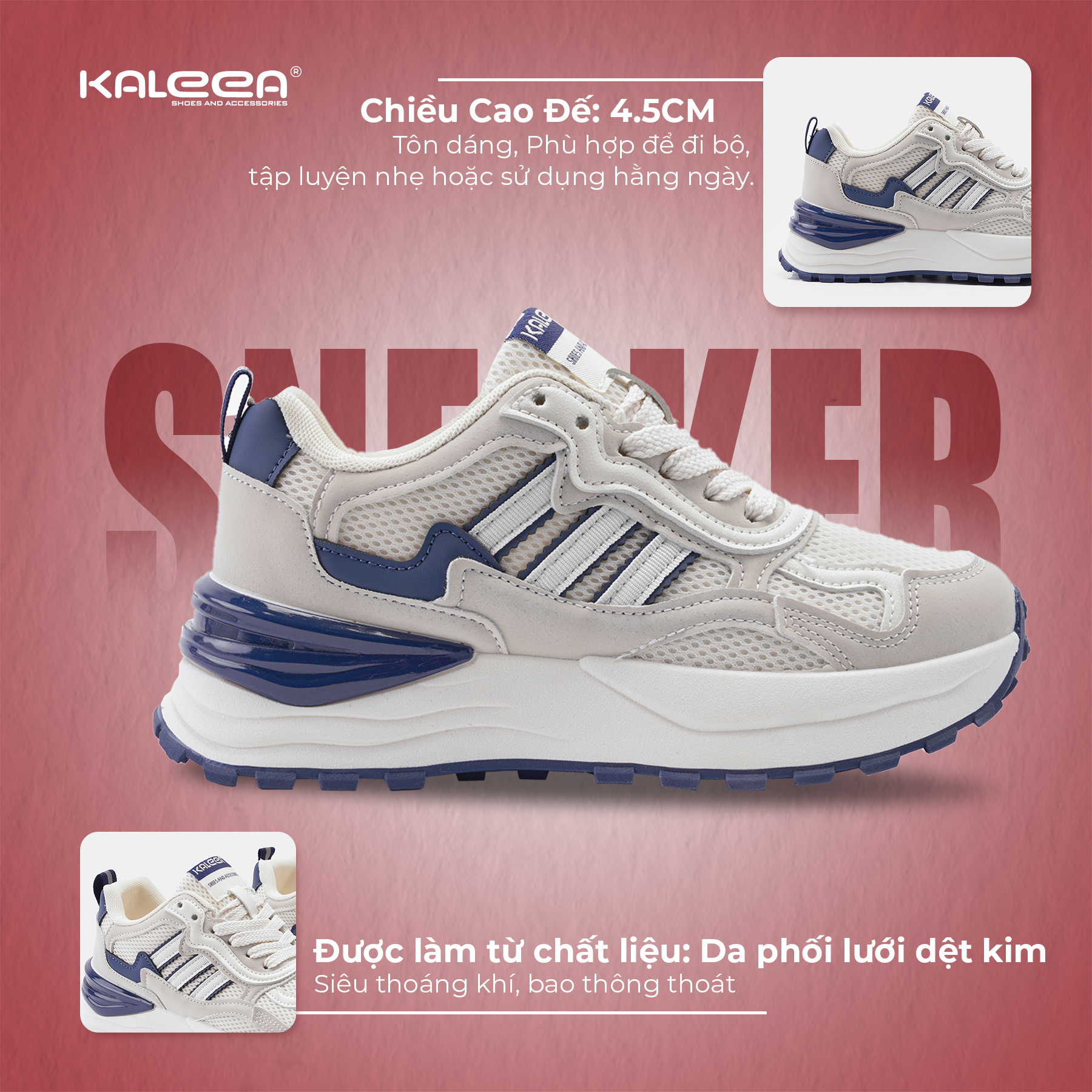 Mô tả Kaleea - Giày Thể Thao Nam/Nữ Sneaker Đế Mềm Cao 5cm Lưới Khí Dệt Kim Phối Da Đi Thoáng - T92 - 1