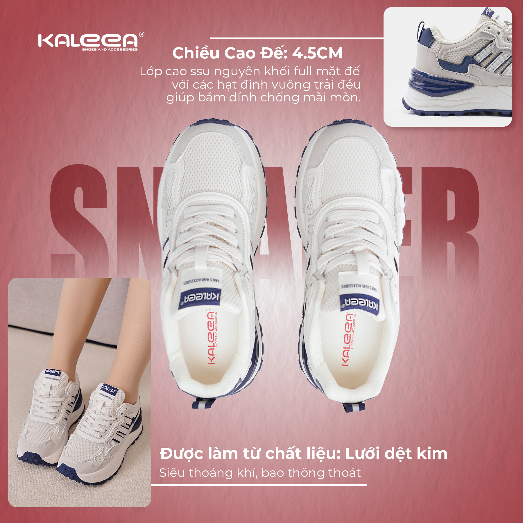 Mô tả Kaleea - Giày Thể Thao Nam/Nữ Sneaker Đế Mềm Cao 5cm Lưới Khí Dệt Kim Phối Da Đi Thoáng - T92 - 2
