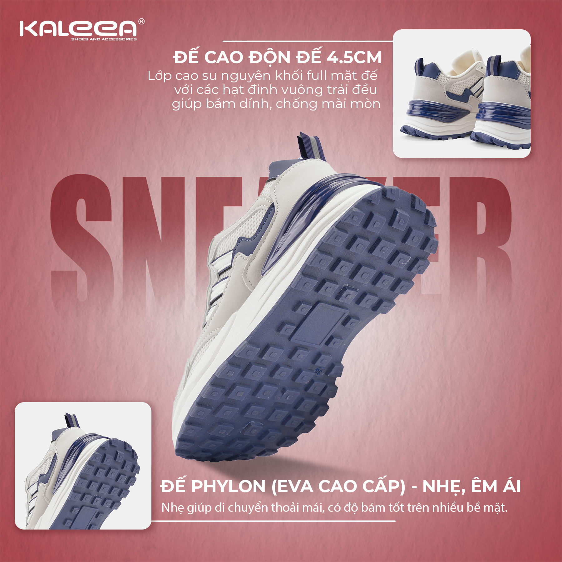 Mô tả Kaleea - Giày Thể Thao Nam/Nữ Sneaker Đế Mềm Cao 5cm Lưới Khí Dệt Kim Phối Da Đi Thoáng - T92 - 3