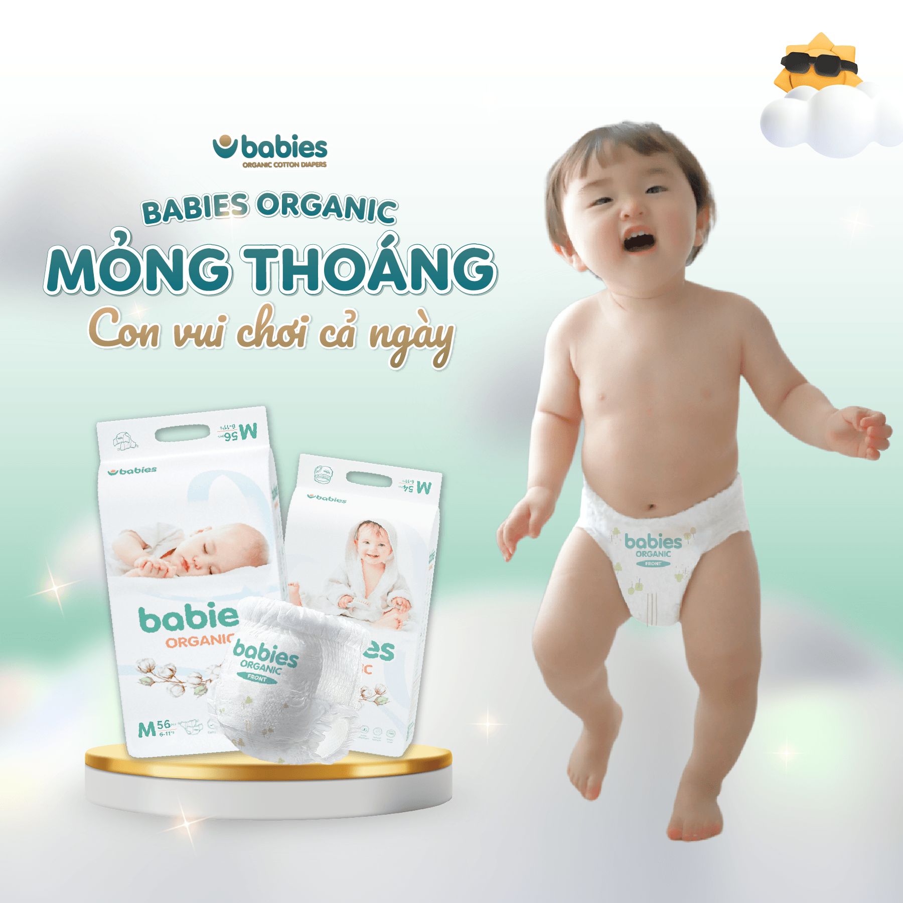 Mô tả Combo 10 Bịch Tã/Bỉm Babies Organic Mỏng Thoáng, Siêu Thấm Hút, Mềm Mịn, Có Đủ Size NB/S/M/L/XL/2XL/3XL - 1