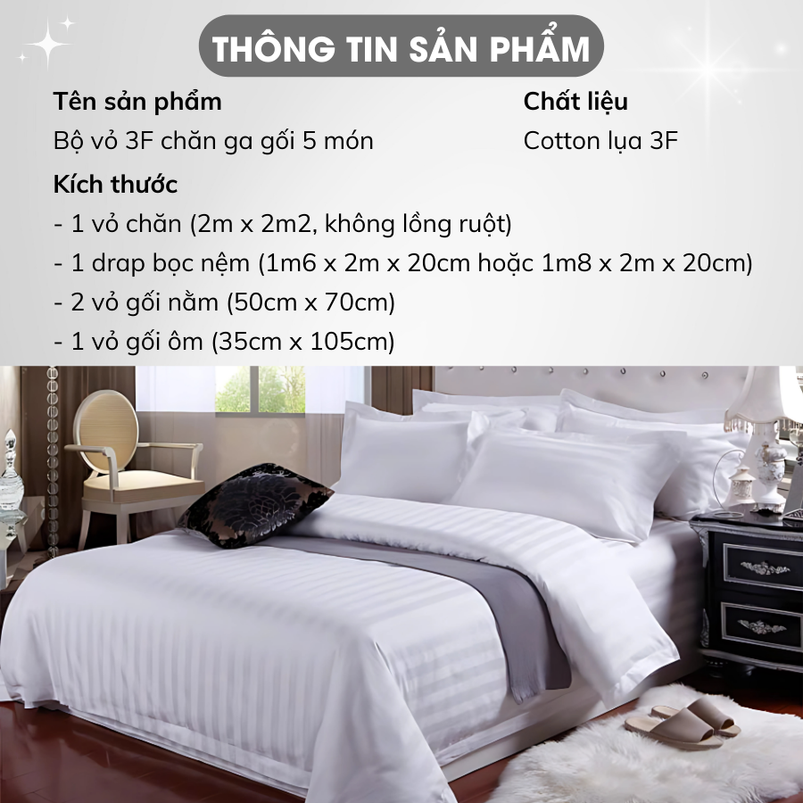 Mô tả Bộ Vỏ Chăn Ga Gối 5 Món Cotton Lụa 3F A Concept Decor Sọc 3 Phân Cao Cấp Vỏ Thoáng Mát Sang Trọng Chuẩn Khách Sạn 5 Sao - 2