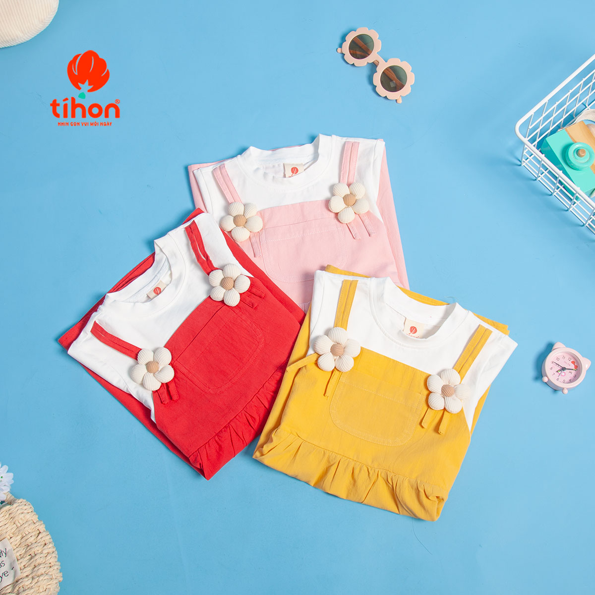 Mô tả Váy bé gái TIHON cao cấp chất liệu cotton phối thô mềm mại thoáng mát đính hoa xinh xắn VT0786100 - 6