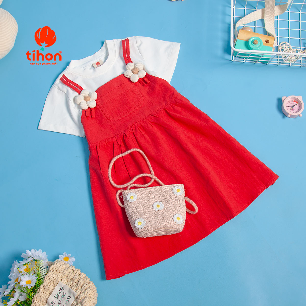Mô tả Váy bé gái TIHON cao cấp chất liệu cotton phối thô mềm mại thoáng mát đính hoa xinh xắn VT0786100 - 8