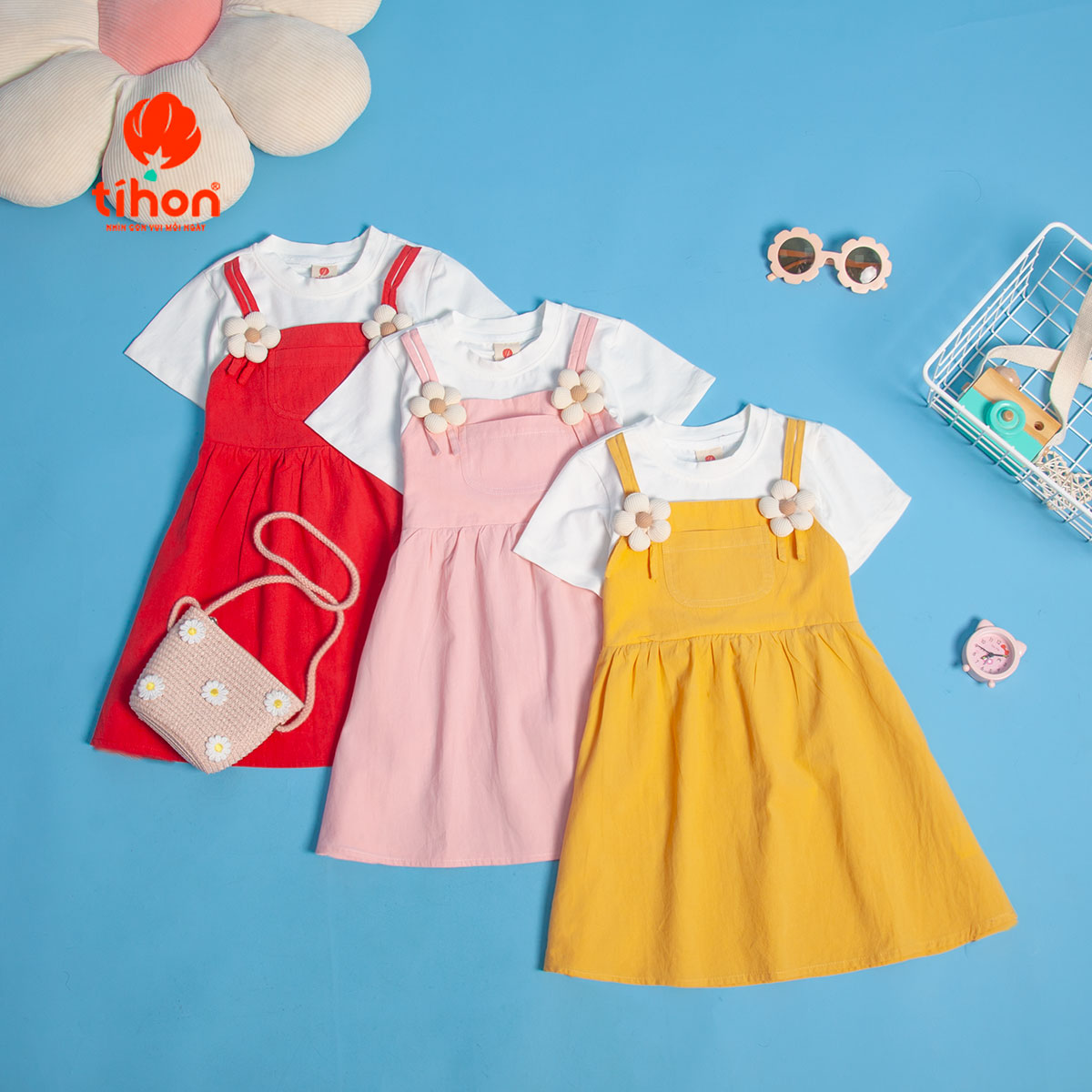 Mô tả Váy bé gái TIHON cao cấp chất liệu cotton phối thô mềm mại thoáng mát đính hoa xinh xắn VT0786100 - 11