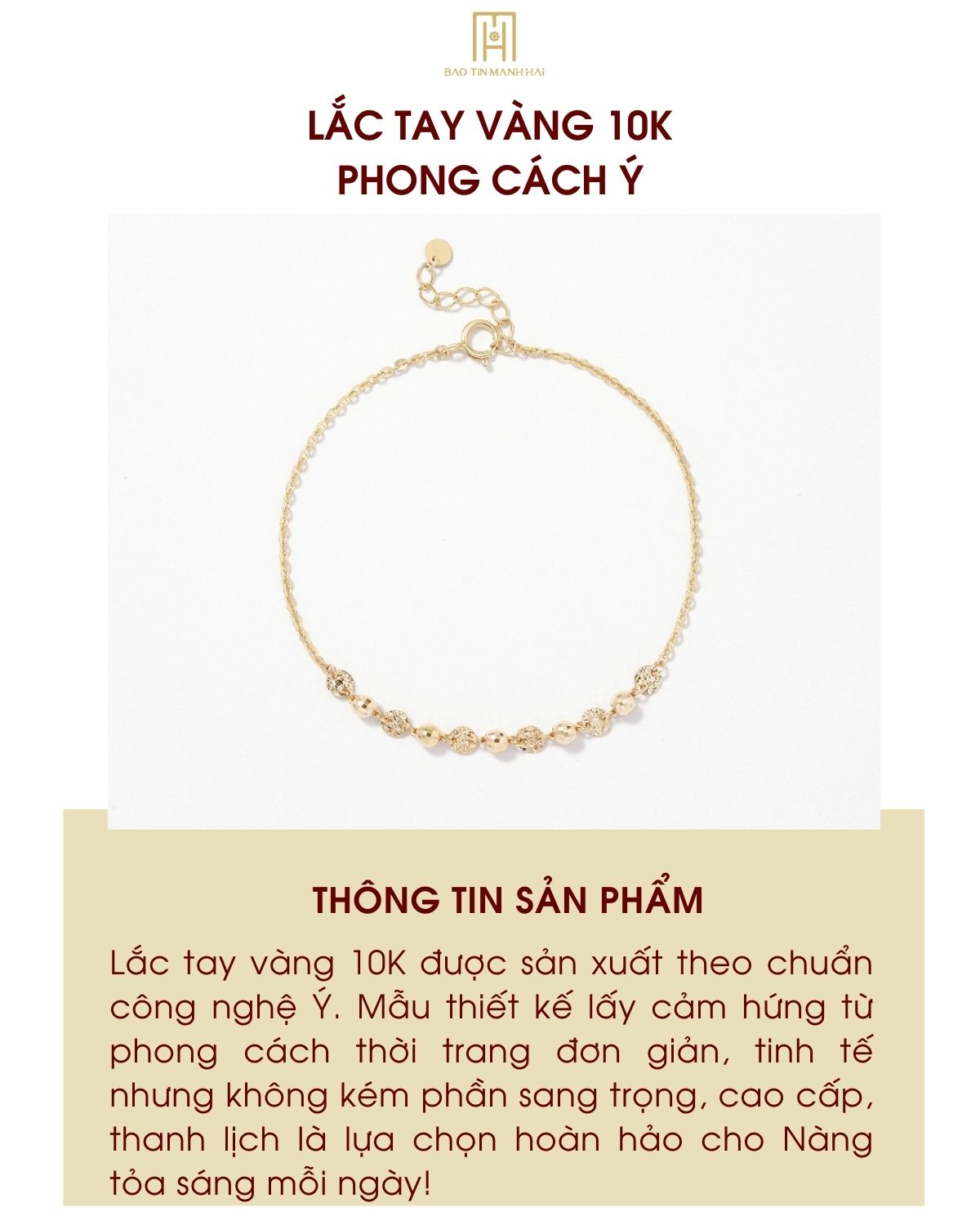 Mô tả Lắc tay vàng 10K Bảo Tín Mạnh Hải kết hợp gắn bi phay lấp lánh sang trọng phong cách Ý PYLTV10KD0-409005 - 1