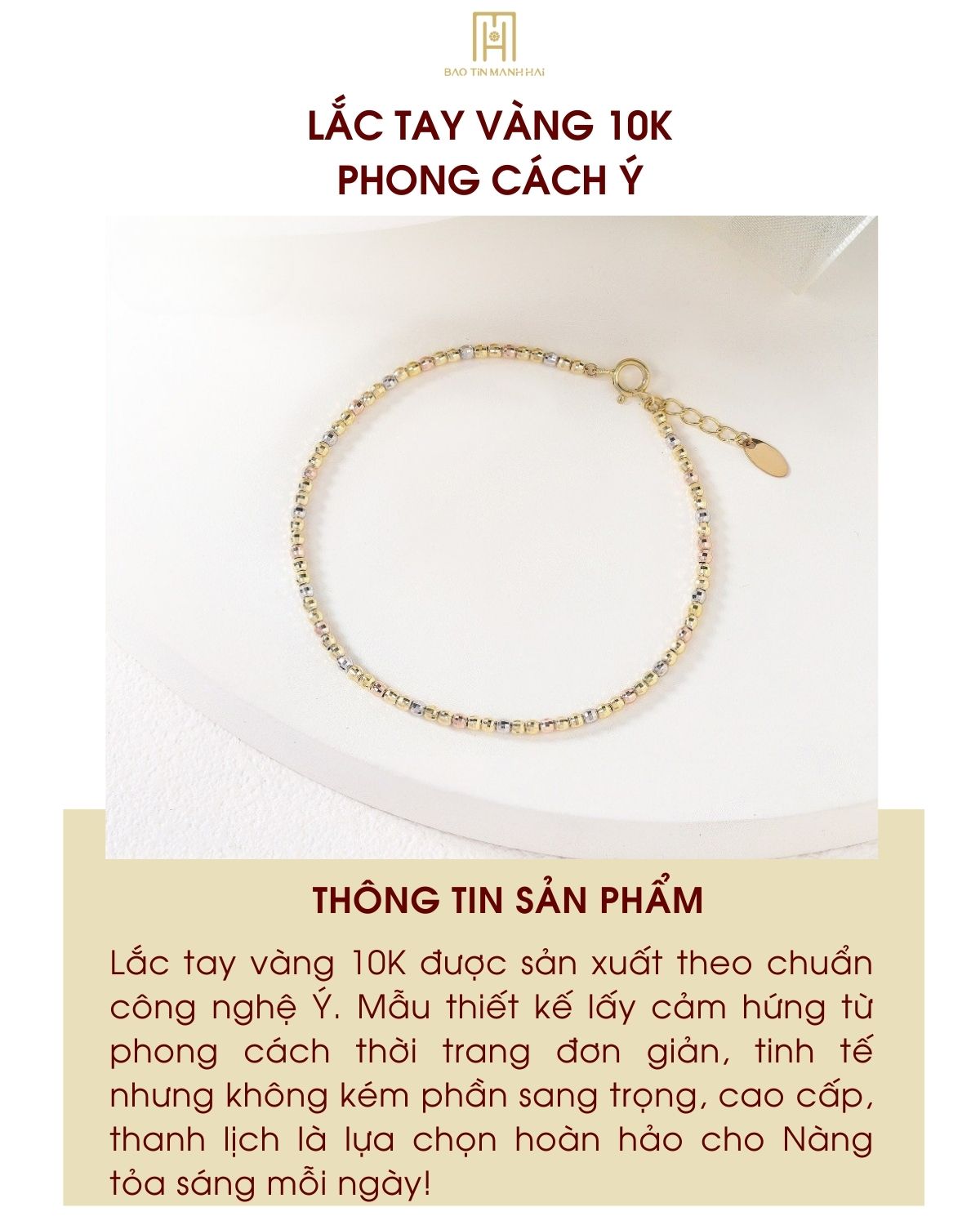 Mô tả Lắc tay vàng 10K Bảo Tín Mạnh Hải thiết kế bi phay 3 màu nhỏ xinh phong cách Ý PYLTV10KD0-408005 - 1