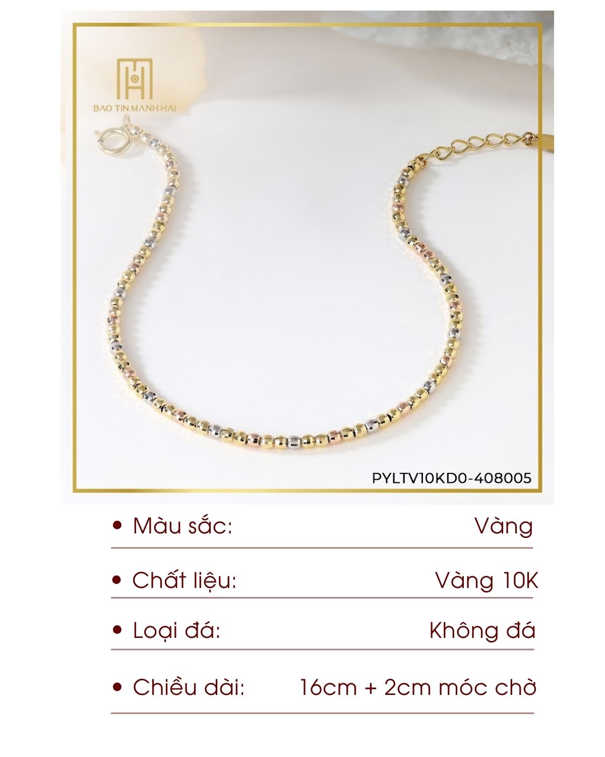 Mô tả Lắc tay vàng 10K Bảo Tín Mạnh Hải thiết kế bi phay 3 màu nhỏ xinh phong cách Ý PYLTV10KD0-408005 - 2