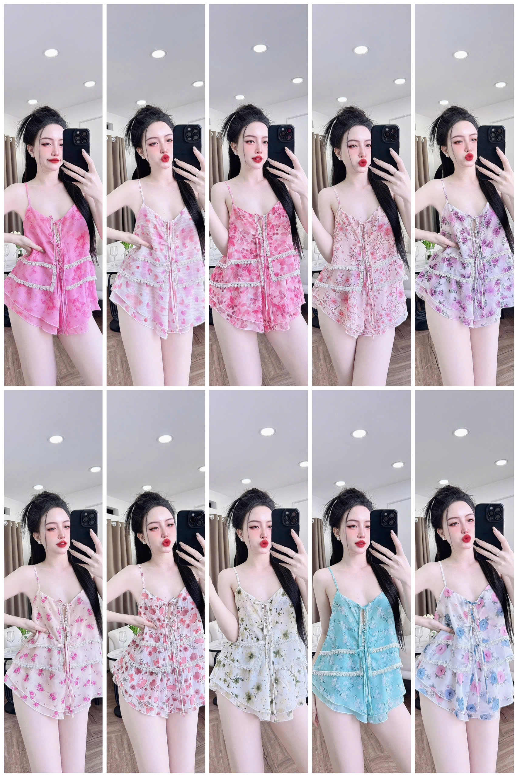 Mô tả Đồ Ngủ Sexy Nữ SOJUN Bộ Chiffon Phối Ren 2 Tầng Dưới 60Kg - 9