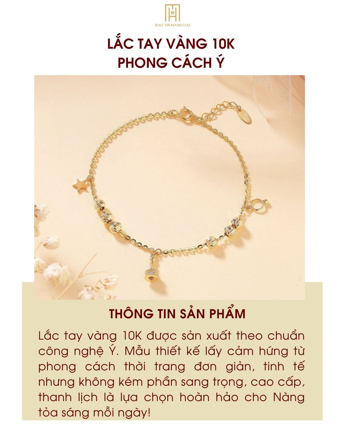 Mô tả Lắc tay nữ vàng 10K charm tháp rơi mix bi tròn thiết kế phay cổ điển thanh lịch Bảo Tín Mạnh Hải PYLTV10KDH-402002 - 1