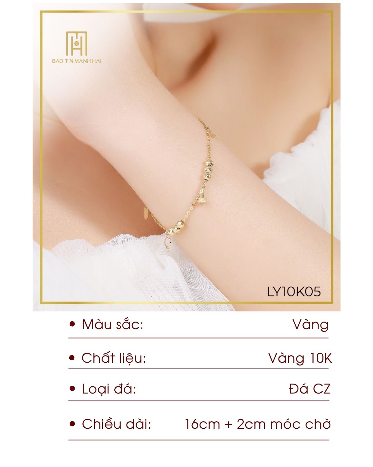 Mô tả Lắc tay nữ vàng 10K charm tháp rơi mix bi tròn thiết kế phay cổ điển thanh lịch Bảo Tín Mạnh Hải PYLTV10KDH-402002 - 2