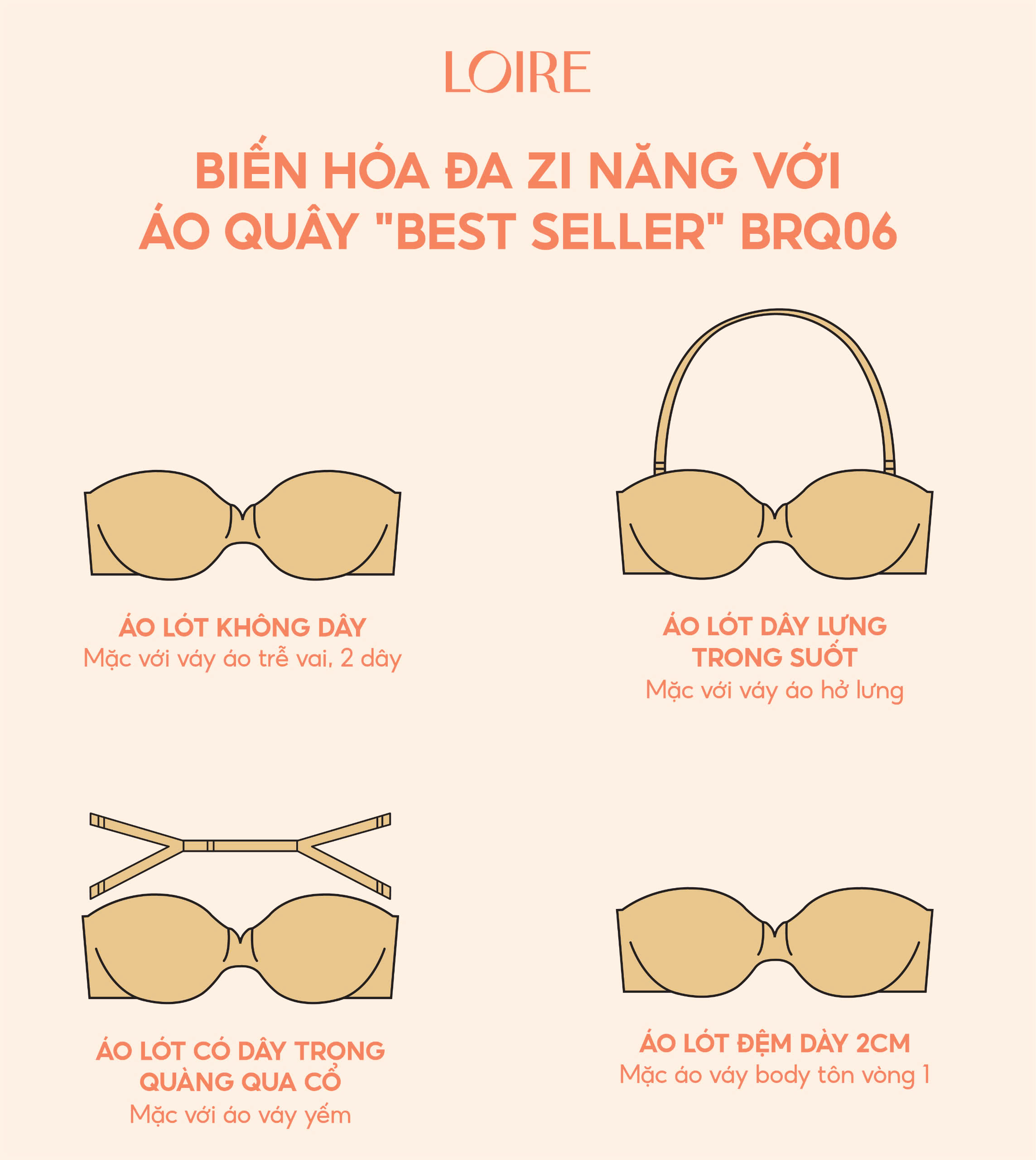 Mô tả Áo Quây Đệm Dày 2cm Nâng Ngực Dây Lưng Thun Kép Giữ Chắc Chống Tụt Tặng Dây Trong Suốt Loirechic BRQ06 - 1