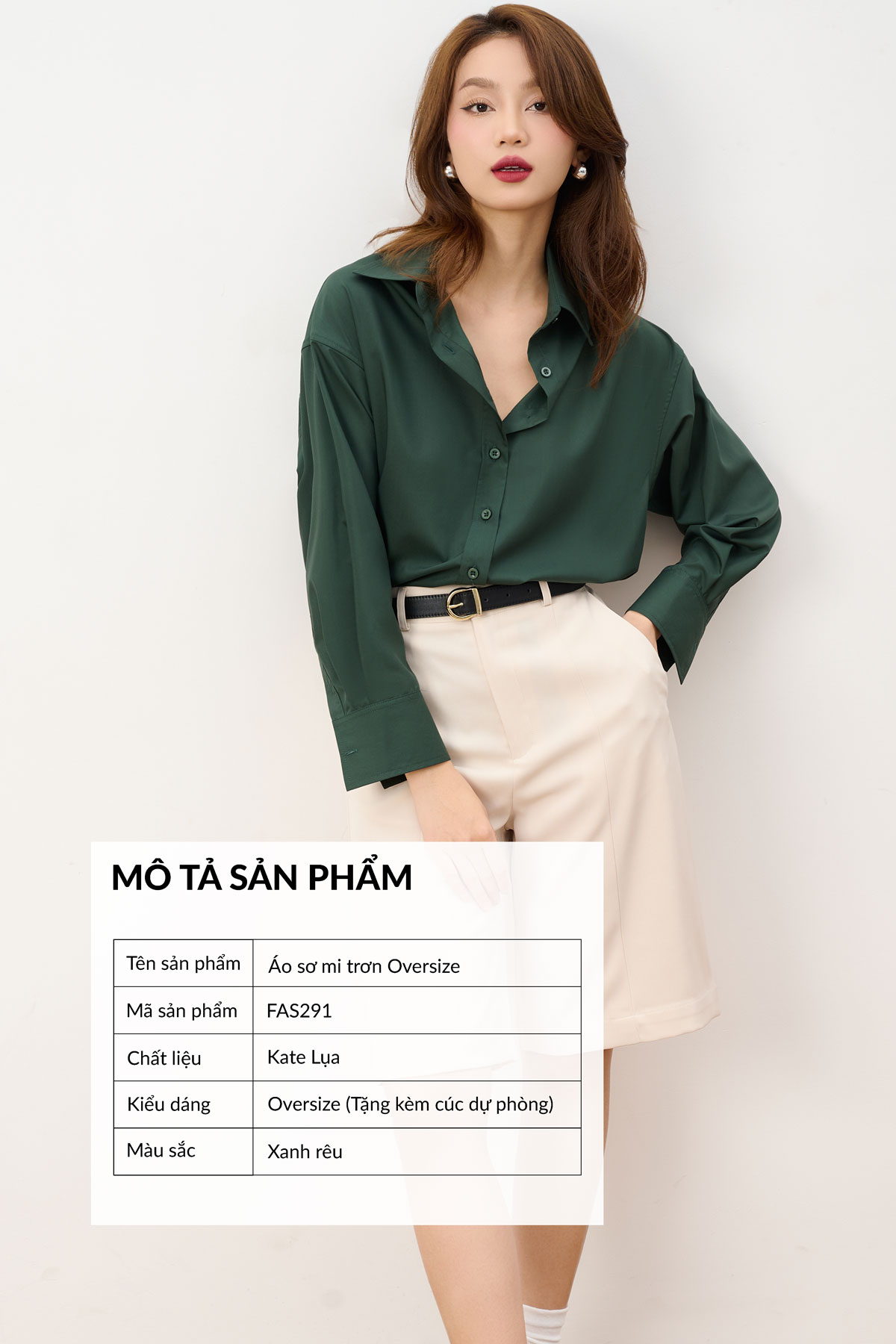 Áo sơ mi nữ GILLEE dáng oversized FAS291 xanh rêu