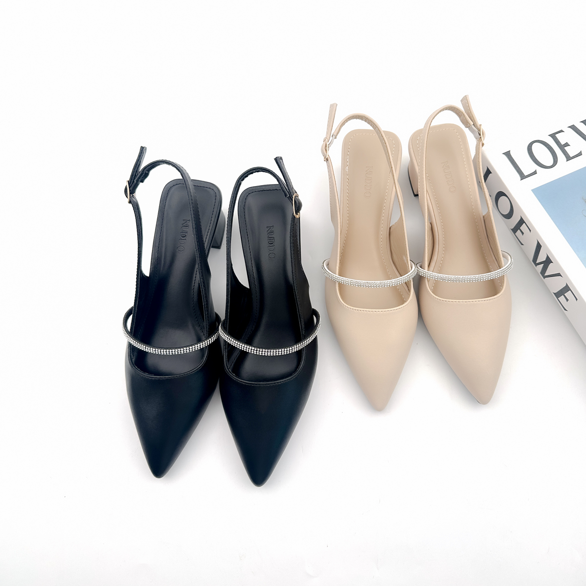 Mô tả Giày Cao Gót Nữ Mũi Nhọn 3cm Da Thật Phối Quai Đá NUDDO, Guốc Slingback Nữ Đế Vuông Cao Cấp N3900D - 3