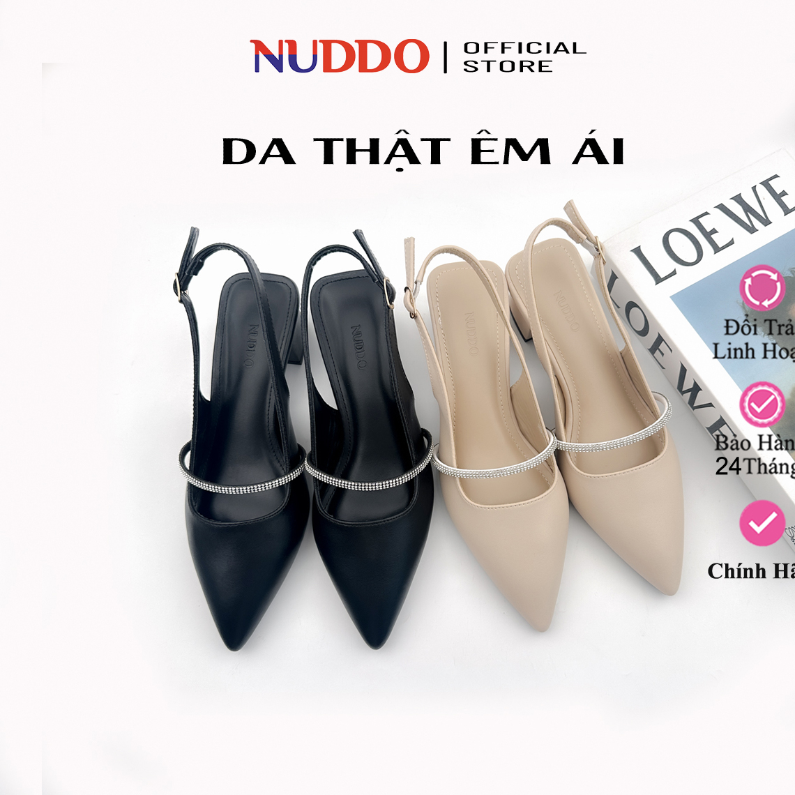 Mô tả Giày Cao Gót Nữ Mũi Nhọn 3cm Da Thật Phối Quai Đá NUDDO, Guốc Slingback Nữ Đế Vuông Cao Cấp N3900D - 4