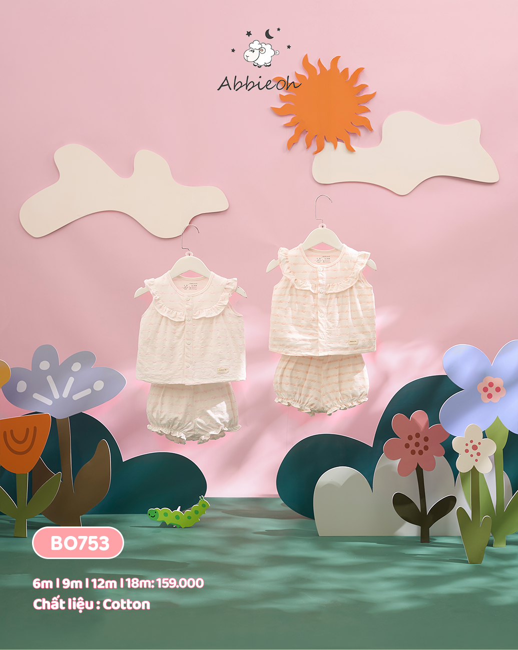 Mô tả Bộ quần áo sát nách bé gái ABBIEOH cotton hoa nhí tay bèo dễ thương cho bé BO753 BO776 BO784 BO752 - 1