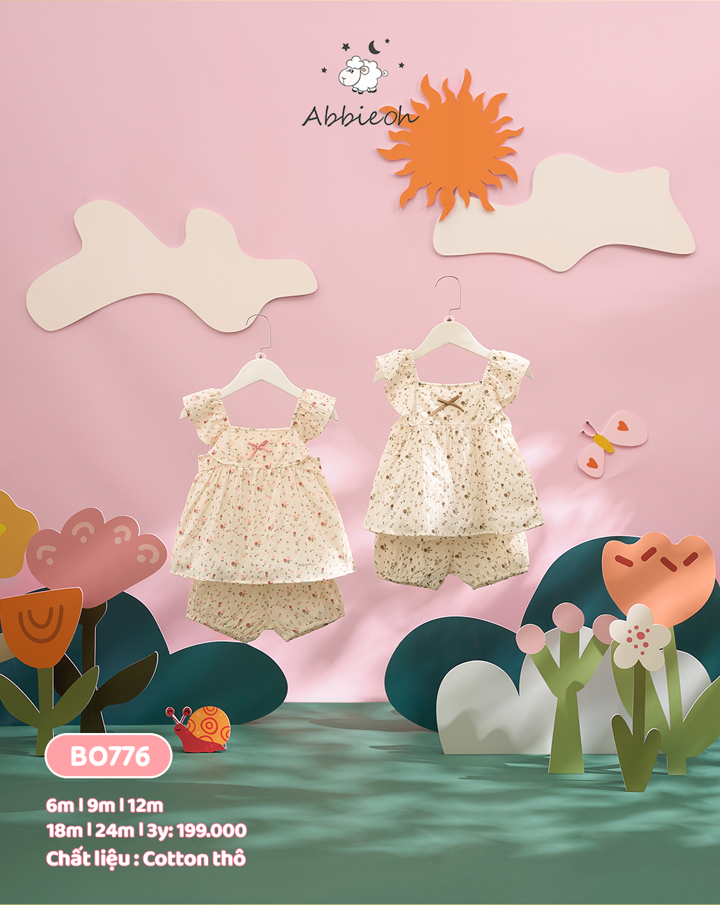 Mô tả Bộ quần áo sát nách bé gái ABBIEOH cotton hoa nhí tay bèo dễ thương cho bé BO753 BO776 BO784 BO752 - 2