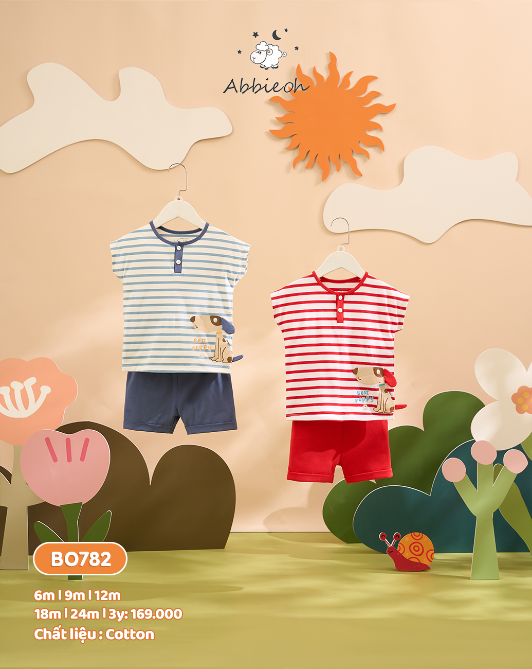 Mô tả Bộ quần áo cộc tay ABBIEOH cotton hình động vật cho bé trai 0-3 tuổi QC756 BO785 BO751 BO782 - 1