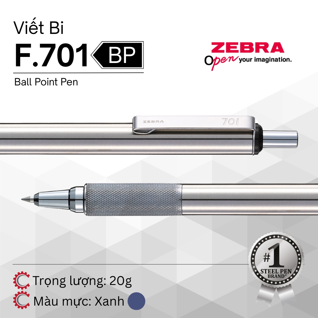 Mô tả Bút Bi F-701 0.7mm Zebra Pen Vỏ Kim Loại Bạc Mực Xanh  [Chính Hãng] - 2