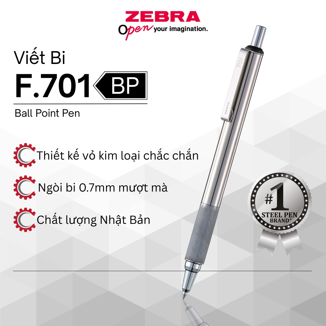 Mô tả Bút Bi F-701 0.7mm Zebra Pen Vỏ Kim Loại Bạc Mực Xanh  [Chính Hãng] - 1