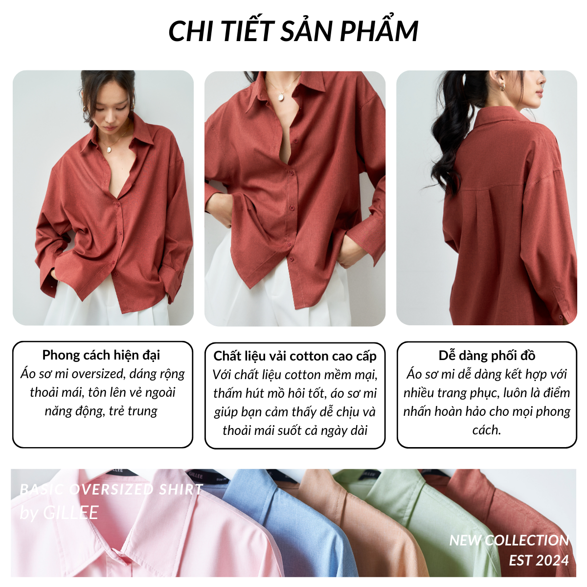 Mô tả Áo sơ mi nữ GILLEE chất cotton dáng oversized, sơ mi form rộng vải cotton thấm hút, tôn dáng FAS333 - 3