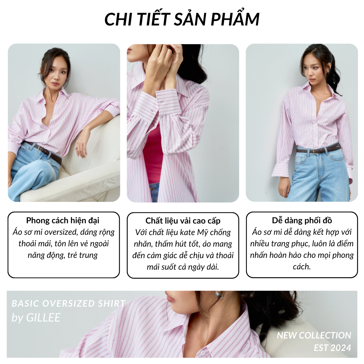 Chi tiết áo sơ mi GILLEE hồng
