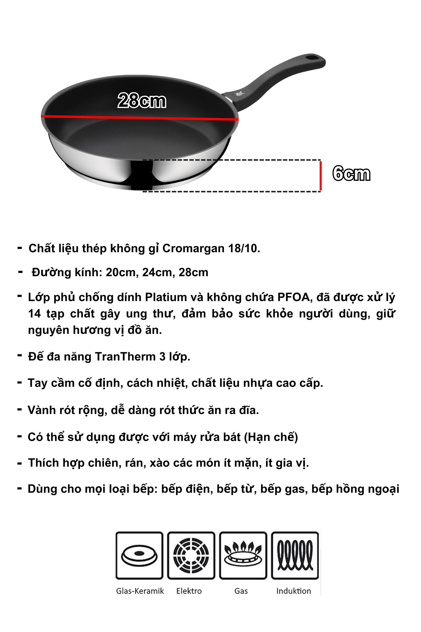 Mô tả Chảo Chống Dính Cao cấp WMF DEVIL Size 20/24/28 CM, Đáy Từ 3 Lớp, Không Lồi Giữa, Cong Vênh - 3
