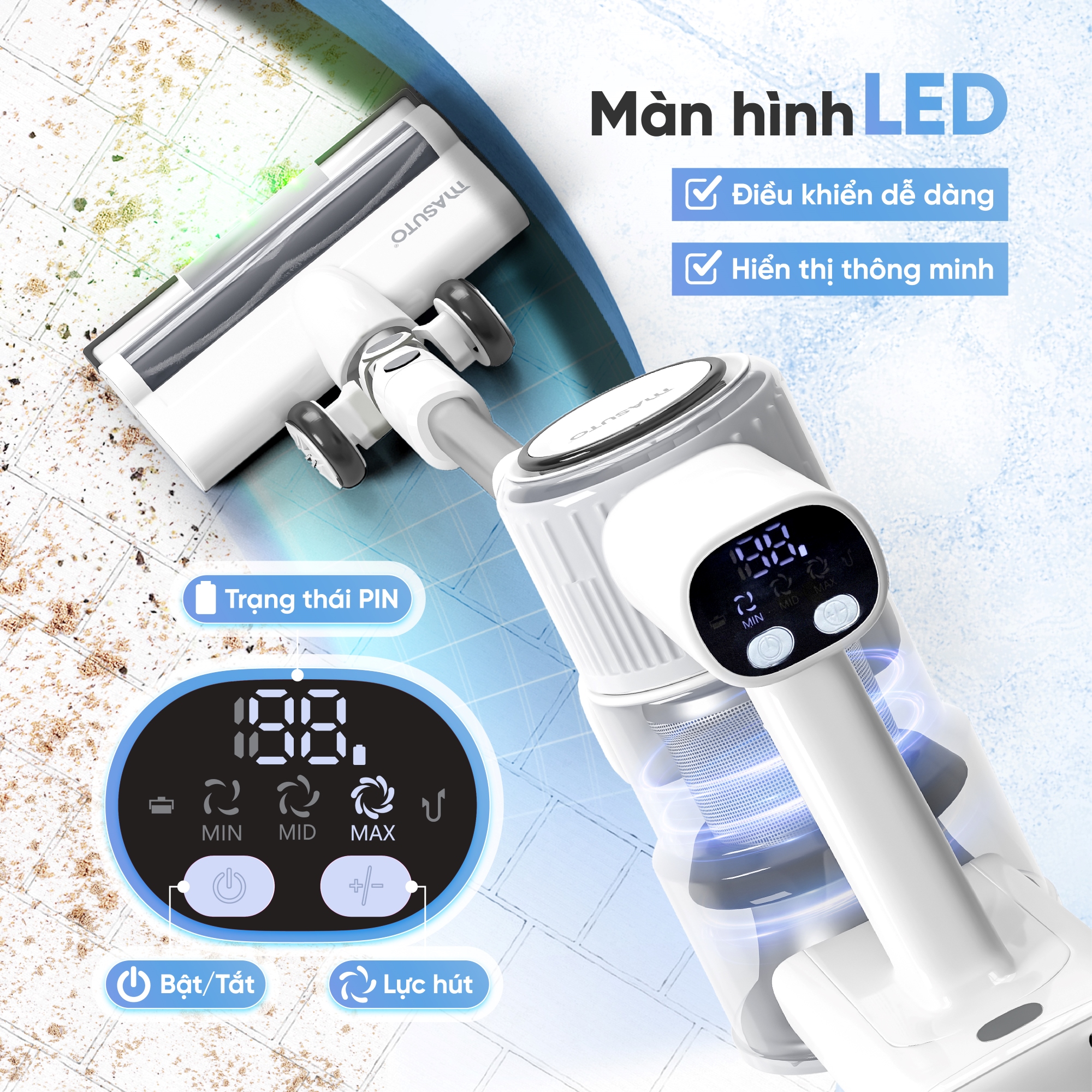 Mô tả Máy Hút Bụi Cầm Tay Không Dây MASUTO Gia Đình Lực Hút 30kPa 2 Lõi Lọc Bụi Mịn HEPA Máy Hút Bụi Giường Nệm Sofa Xe Hơi - 8