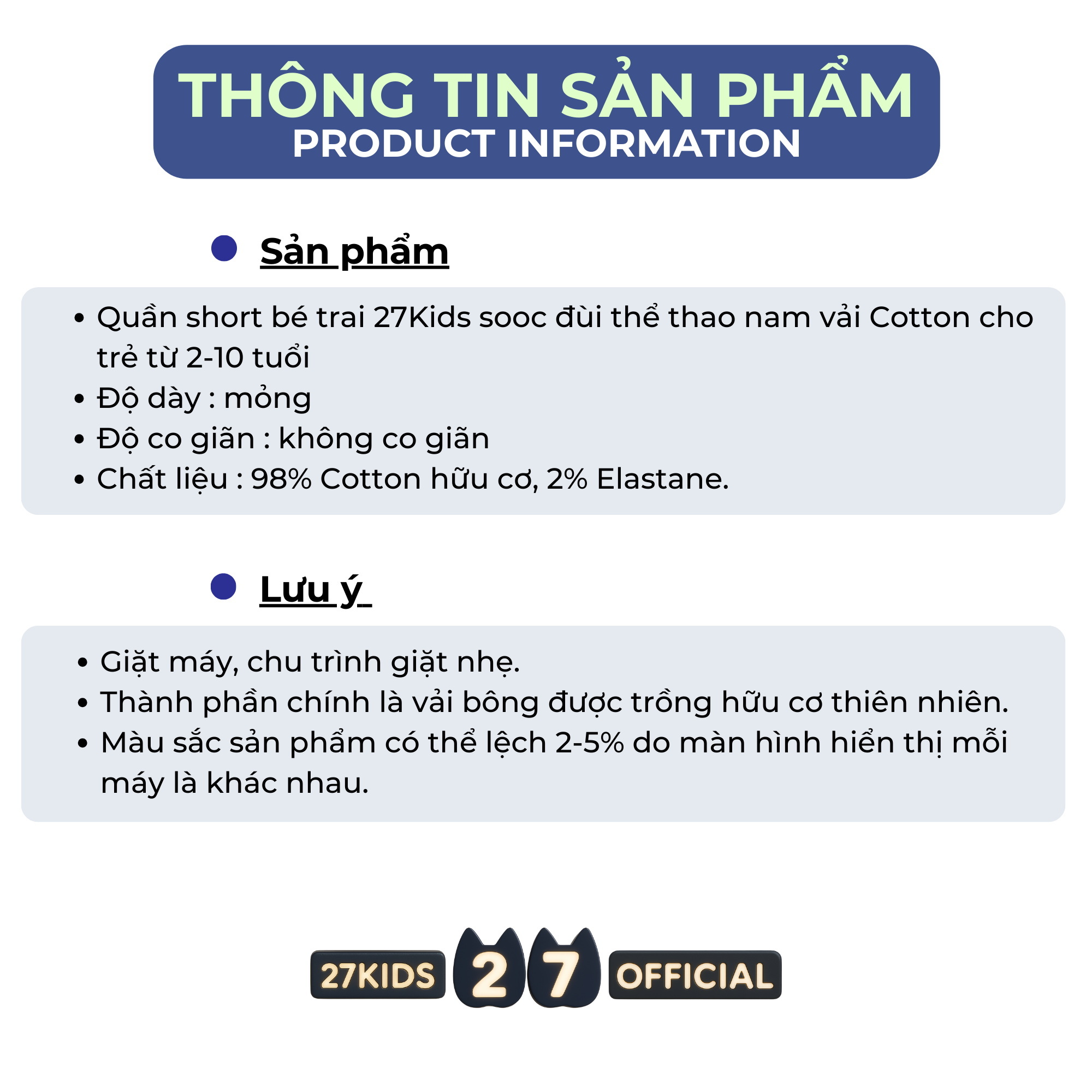 Mô tả Quần short bé trai 27Kids sooc đùi thể thao nam vải Cotton cho trẻ từ 2-10 tuổi BSPS3 - 7