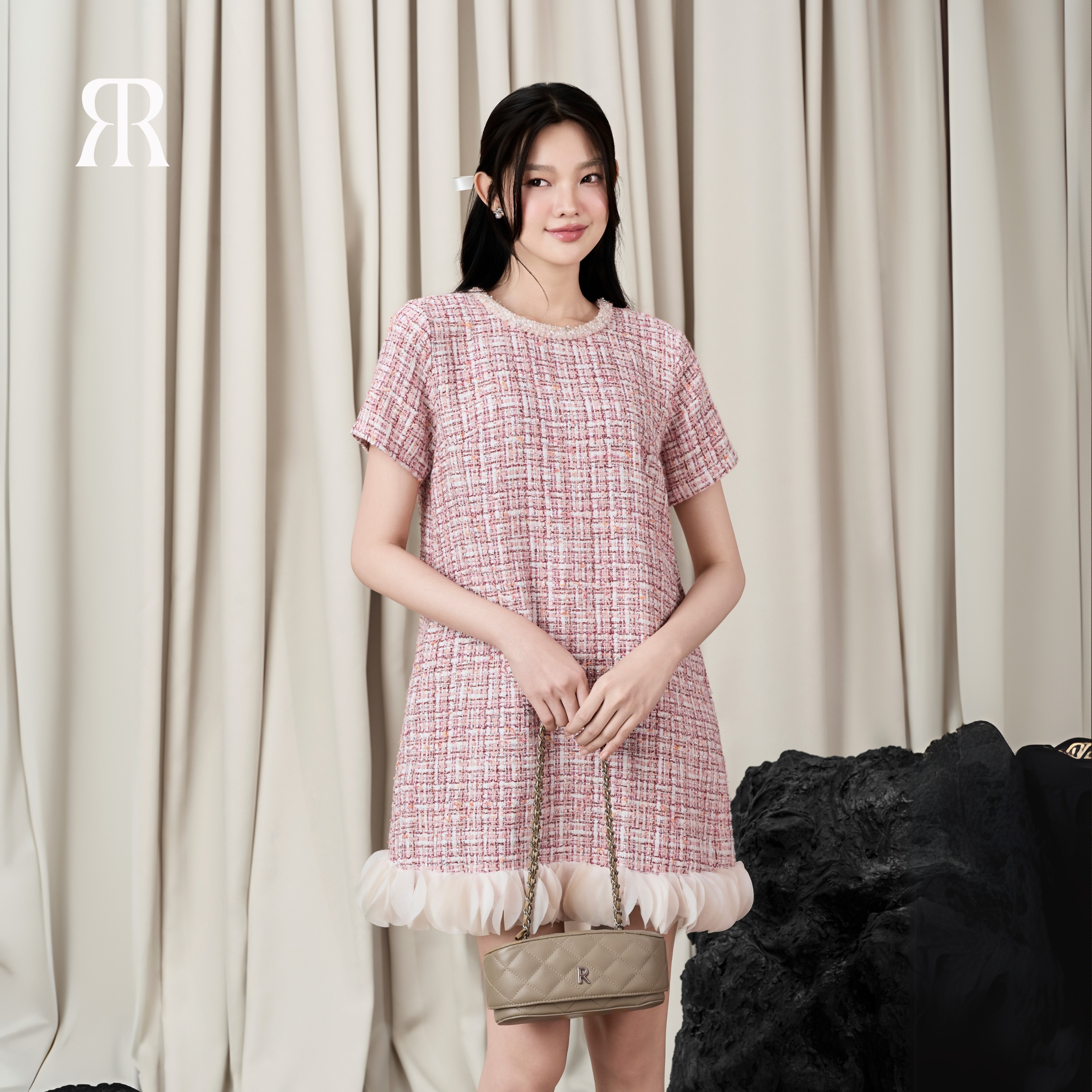 Mô tả RẬP - Đầm Xanh Cổ Tròn Kết Dây Tay Ngắn Phối Voan - PION 04 - 3