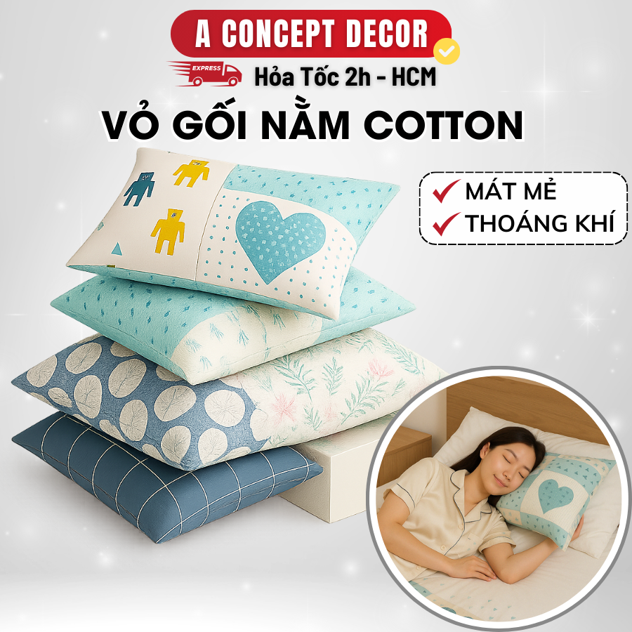 Mô tả Vỏ Gối Nằm Cotton A Concept Decor Áo Gối Nằm Mát Mịn Cao Cấp Vỏ Gối Họa Tiết Đẹp Vải Cotton Tici và Cotton Poly 50x70cm - 1