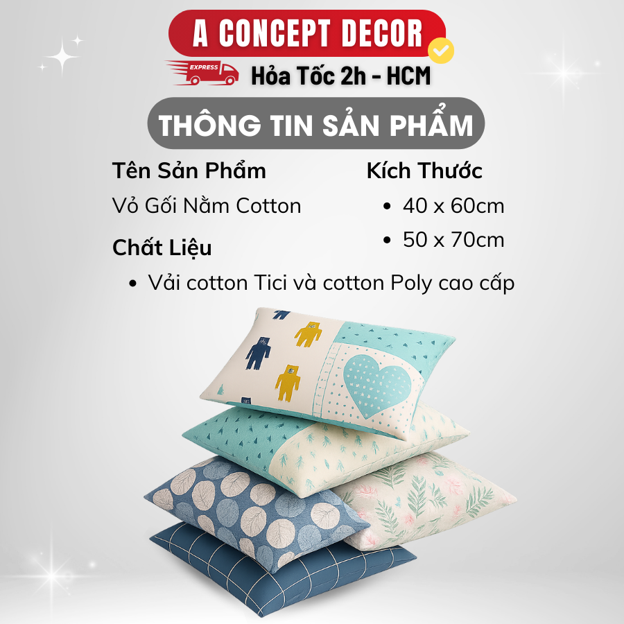 Mô tả Vỏ Gối Nằm Cotton A Concept Decor Áo Gối Nằm Mát Mịn Cao Cấp Vỏ Gối Họa Tiết Đẹp Vải Cotton Tici và Cotton Poly 50x70cm - 2