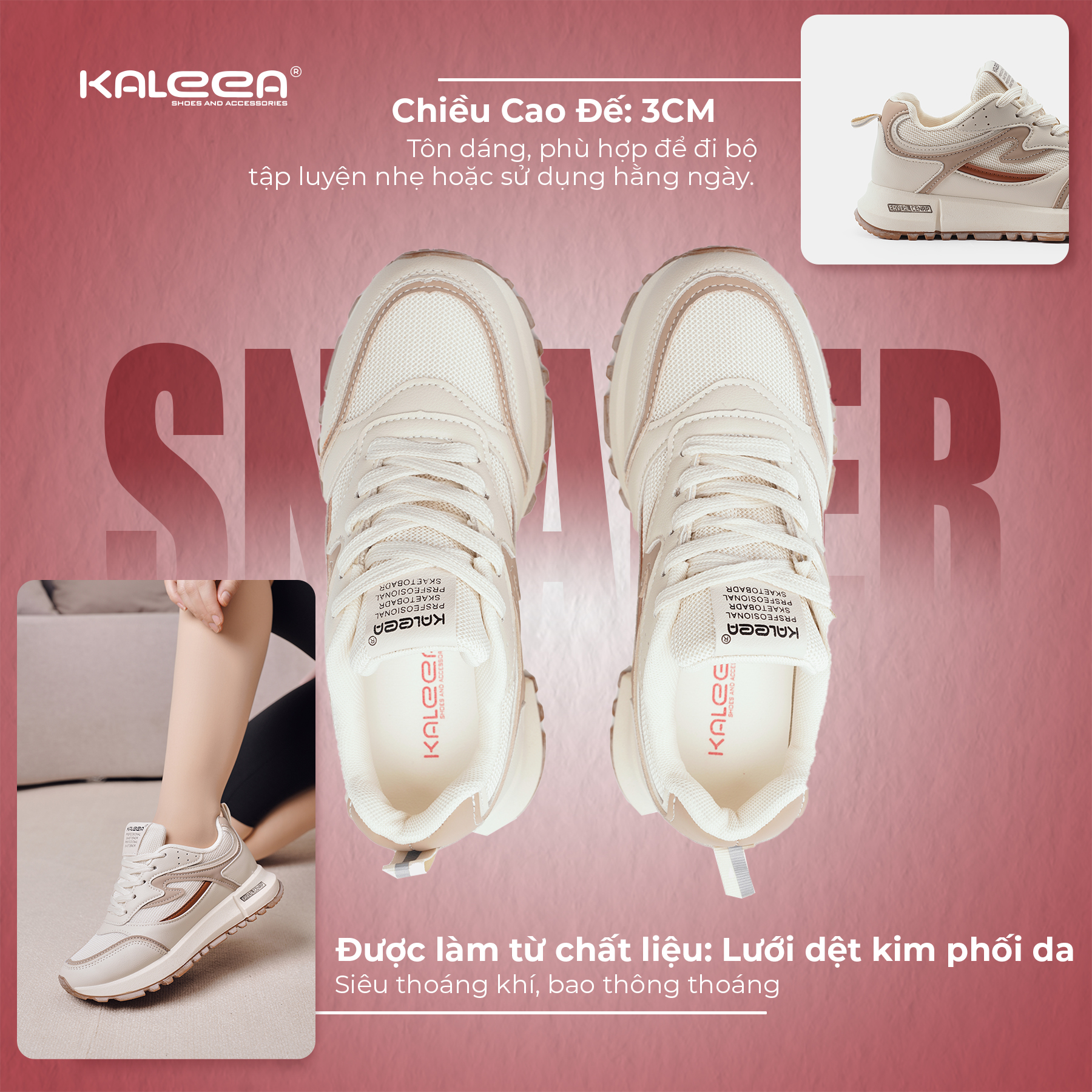 Mô tả Kaleea - Giày Thể Thao Nữ Đi Bộ Tập Gym Chất Liệu Lưới Dệt Kim Sneaker Đế Cao 3p - T79 (LẤY TĂNG SIZE) - 2
