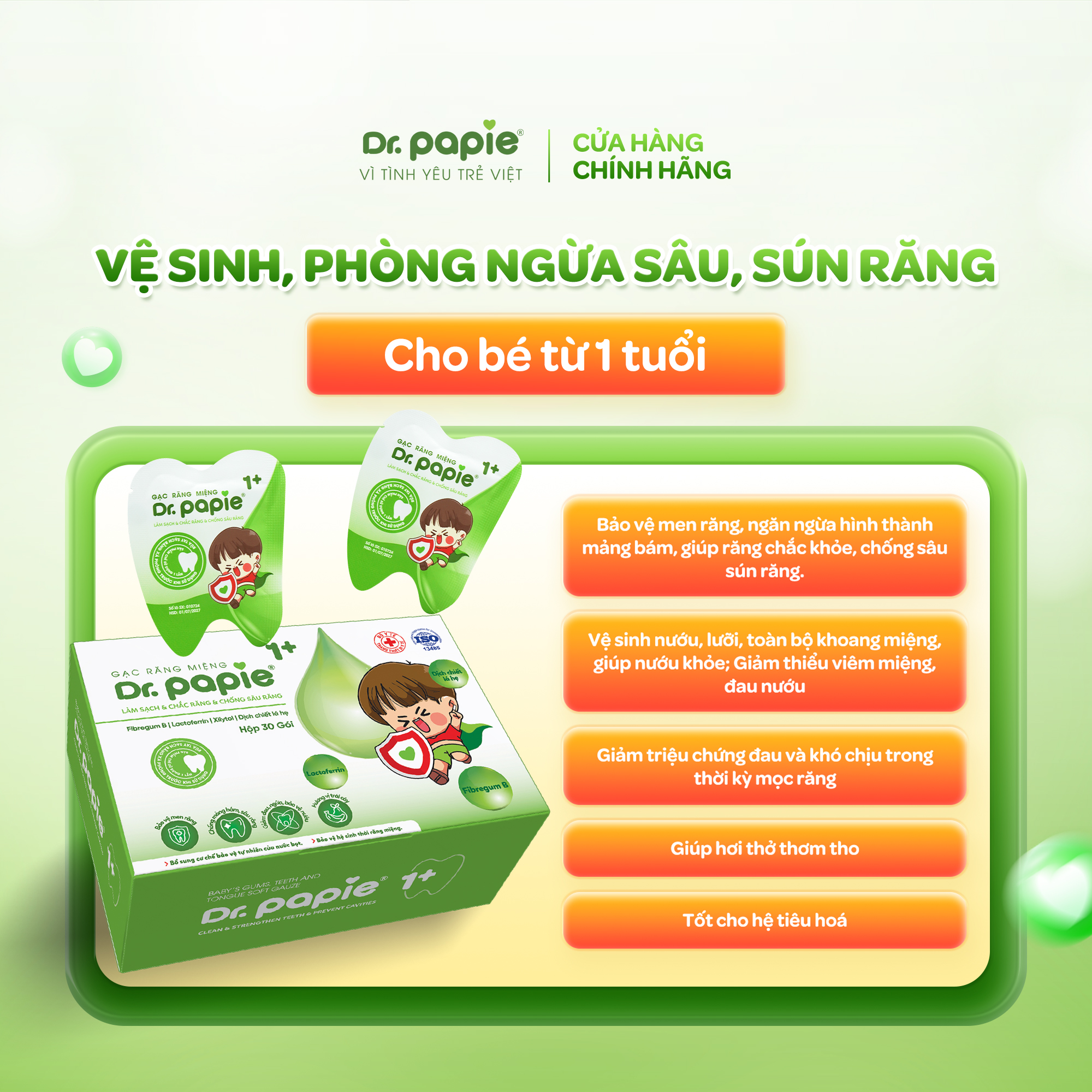 Mô tả 2 Hộp Gạc Chống Sún Răng DR.PAPIE 1+ Tiêu Chuẩn 5SAO, Làm Sạch Khoang Miệng Cho Bé Từ 1 Tuổi  - 30Gói/Hộp x 2 - 6