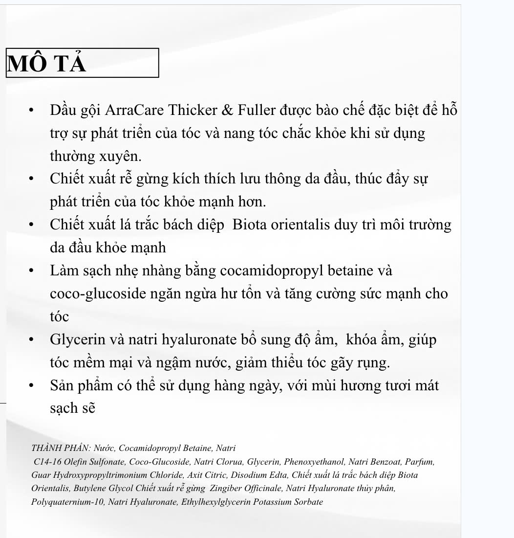 Mô tả Dầu Gội Mọc Tóc Nhanh ARRACARE THICKER & FULLER  Không Sulfate, Ngừa Rụng, Kích Mọc Tóc Tự Nhiên 200ml - 4
