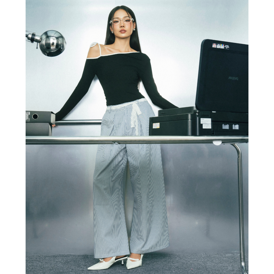 Mô tả Quần Ống Rộng Họa Tiết Sọc VM STYLE Lưng Thấp Kèm Dây Cột Ren Hoa QDU00033 - 2