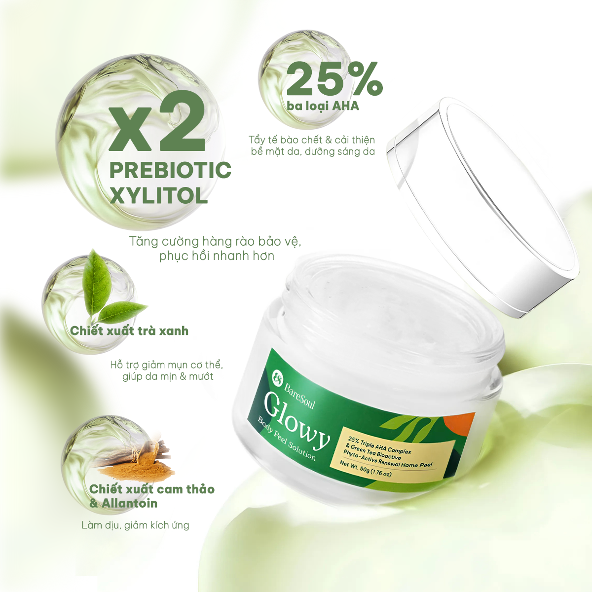 Mô tả Peel da giúp làm sáng, giảm thâm mông, nách, bikini, đầu gối, khuỷu tay AHA 25% BareSoul Glowy Body Peel 50g - 4