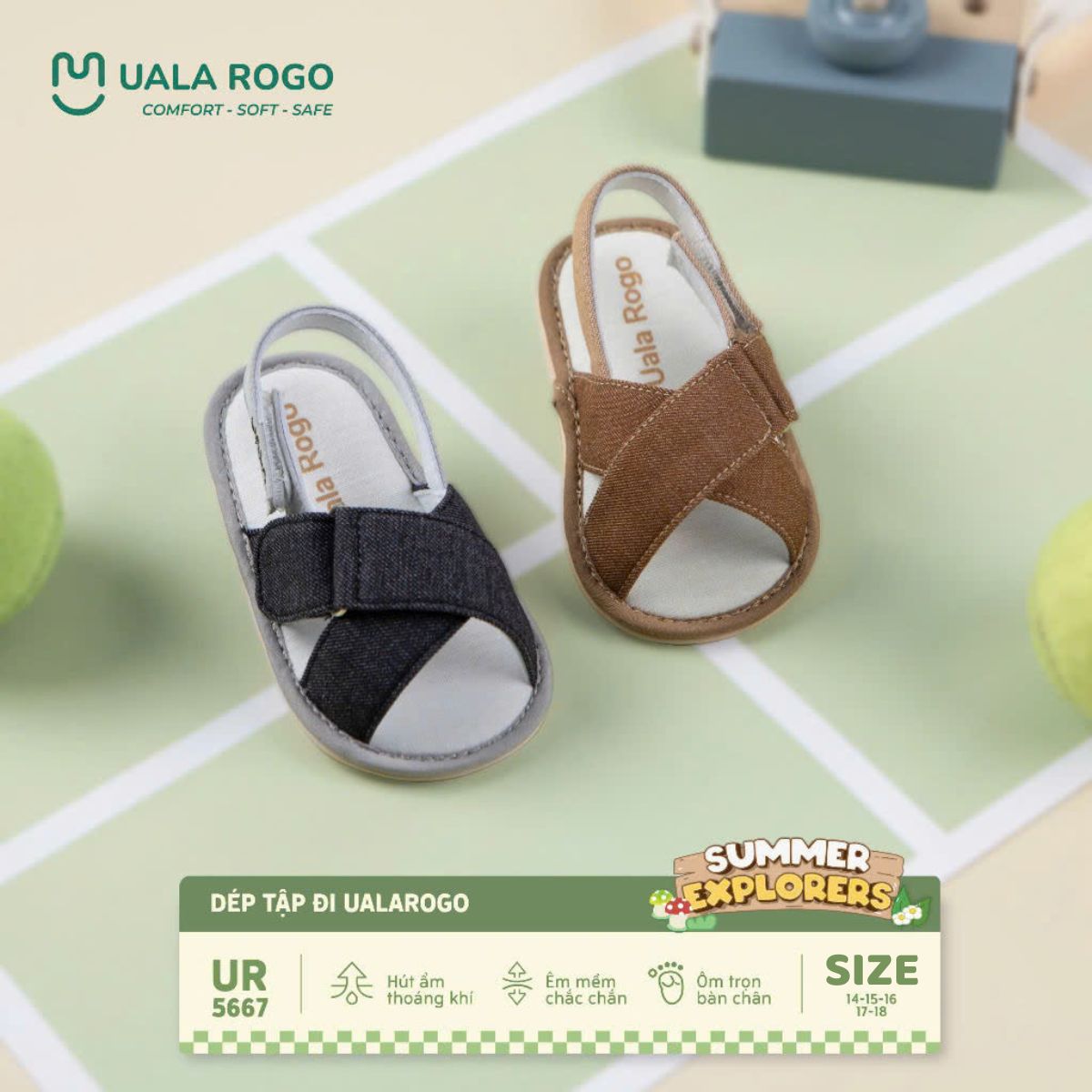 Mô tả Dép bé trai bé gái tập đi Ualarogo sandal đế cao su chống trượt quai dán điều chỉnh rộng chật 5667 - 4