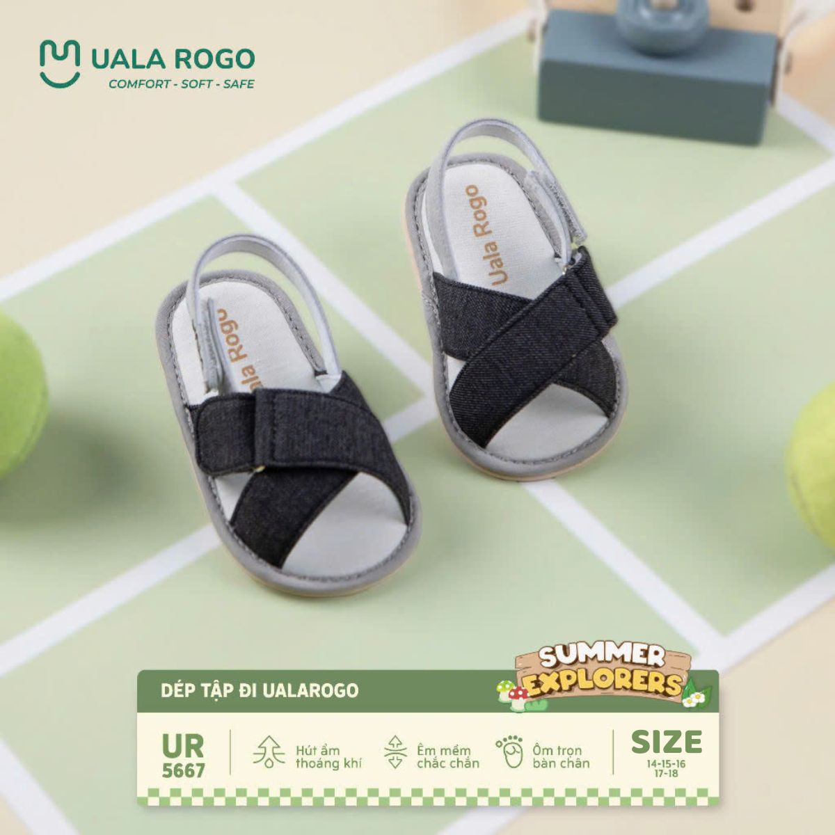 Mô tả Dép bé trai bé gái tập đi Ualarogo sandal đế cao su chống trượt quai dán điều chỉnh rộng chật 5667 - 3