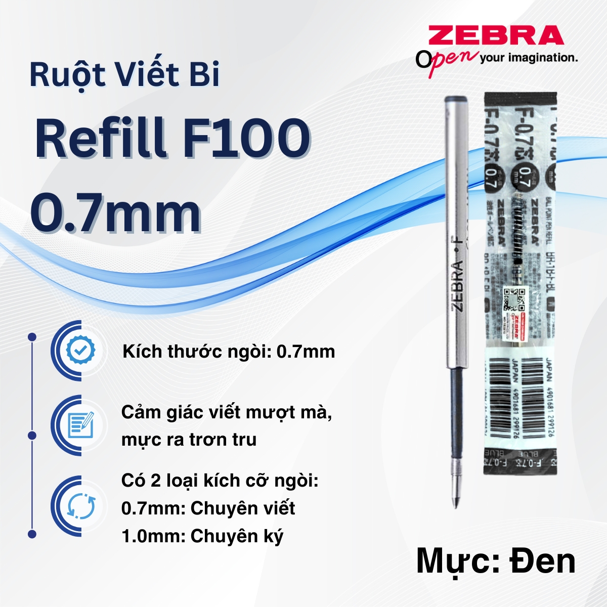 Mô tả Ruột Viết Bi F100 Zebra Pen Thay Thế  - Kích thước ngòi 0.7 - 1.0mm, mực xanh, đen [Chính Hãng] - 1