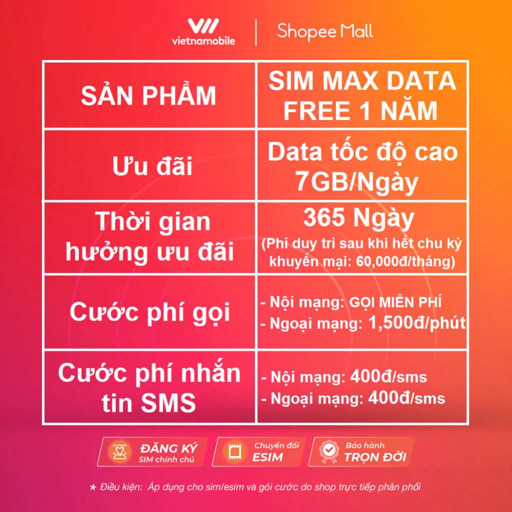 Mô tả Sim 4G Vietnamobile 7GB/Ngày - 210GB/Tháng. Miễn Phí Gọi Nội Mạng. Trọn Gói 12 Tháng Không Phải Nạp Tiền - 1