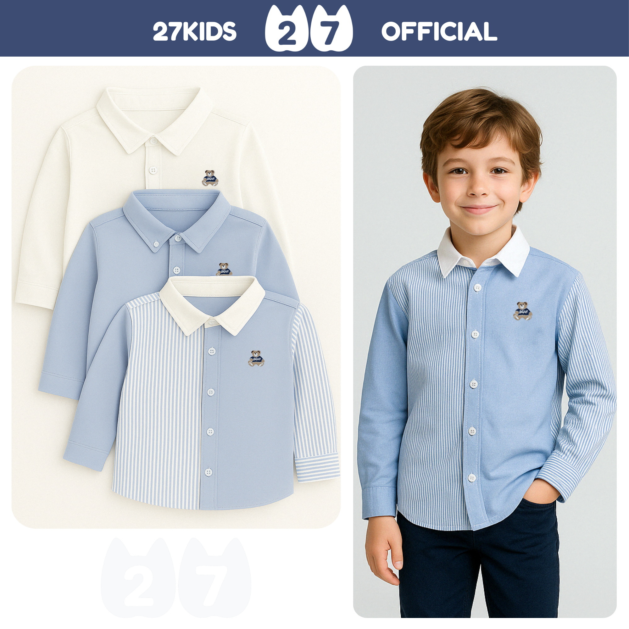 Mô tả Áo sơ mi bé trai dài tay 27Kids KACADY cổ bẻ đơn sắc vải đi học nam cho trẻ từ 4-12 tuổi BLSH13 - 1