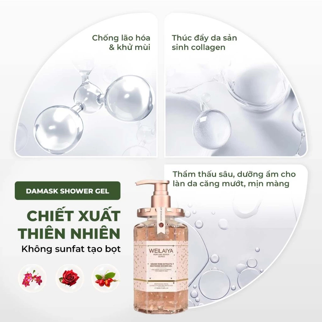 Mô tả Set 2 sữa tắm dưỡng trắng cánh hoa hông Damask Weilaiya Shower Gel 450ml làm sạch và sáng da - 3