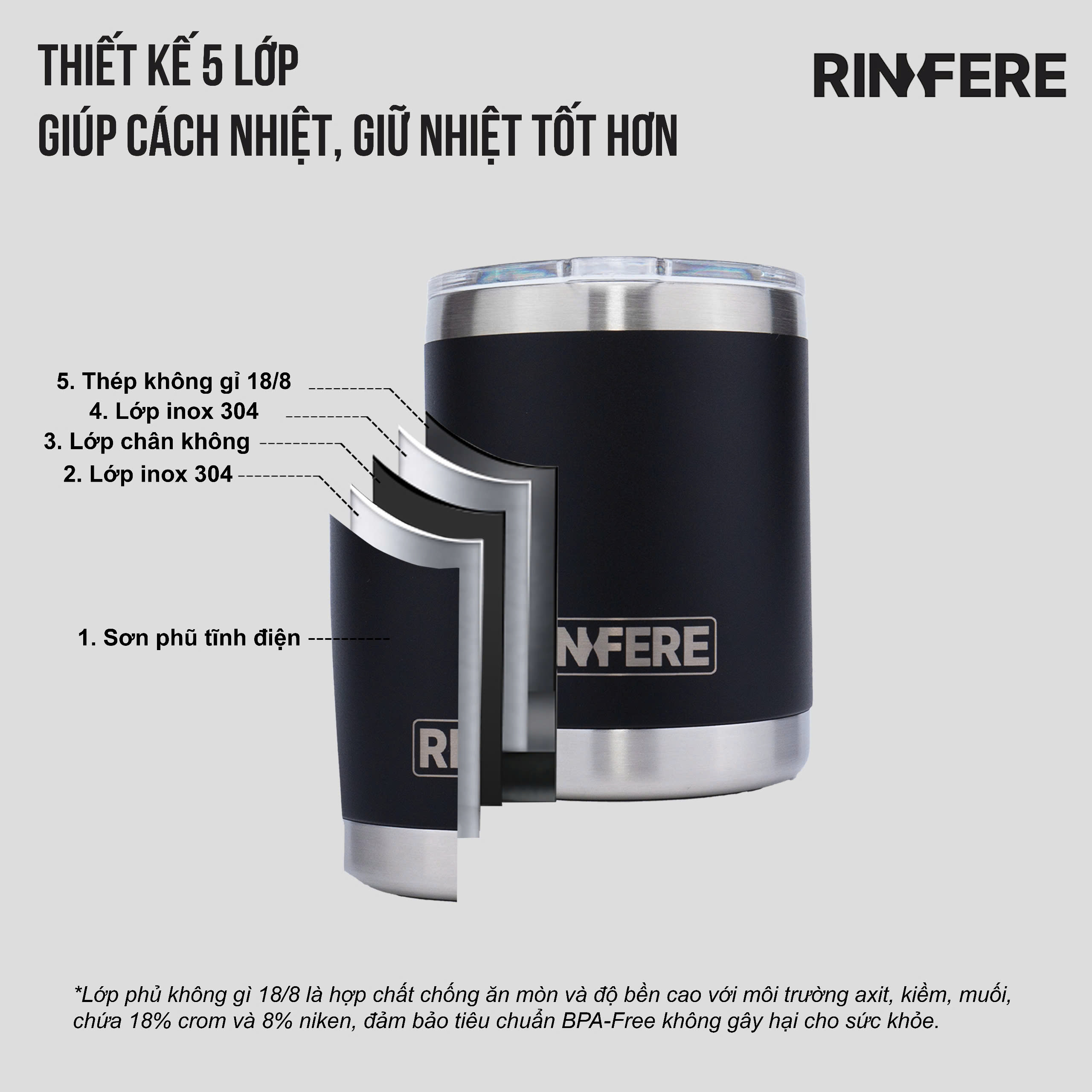 Mô tả Ly Giữ Nhiệt Cà Phê Nắp Trượt Chống Tràn Rinfere (295ml) - Khắc Tên Theo Yêu Cầu - 1