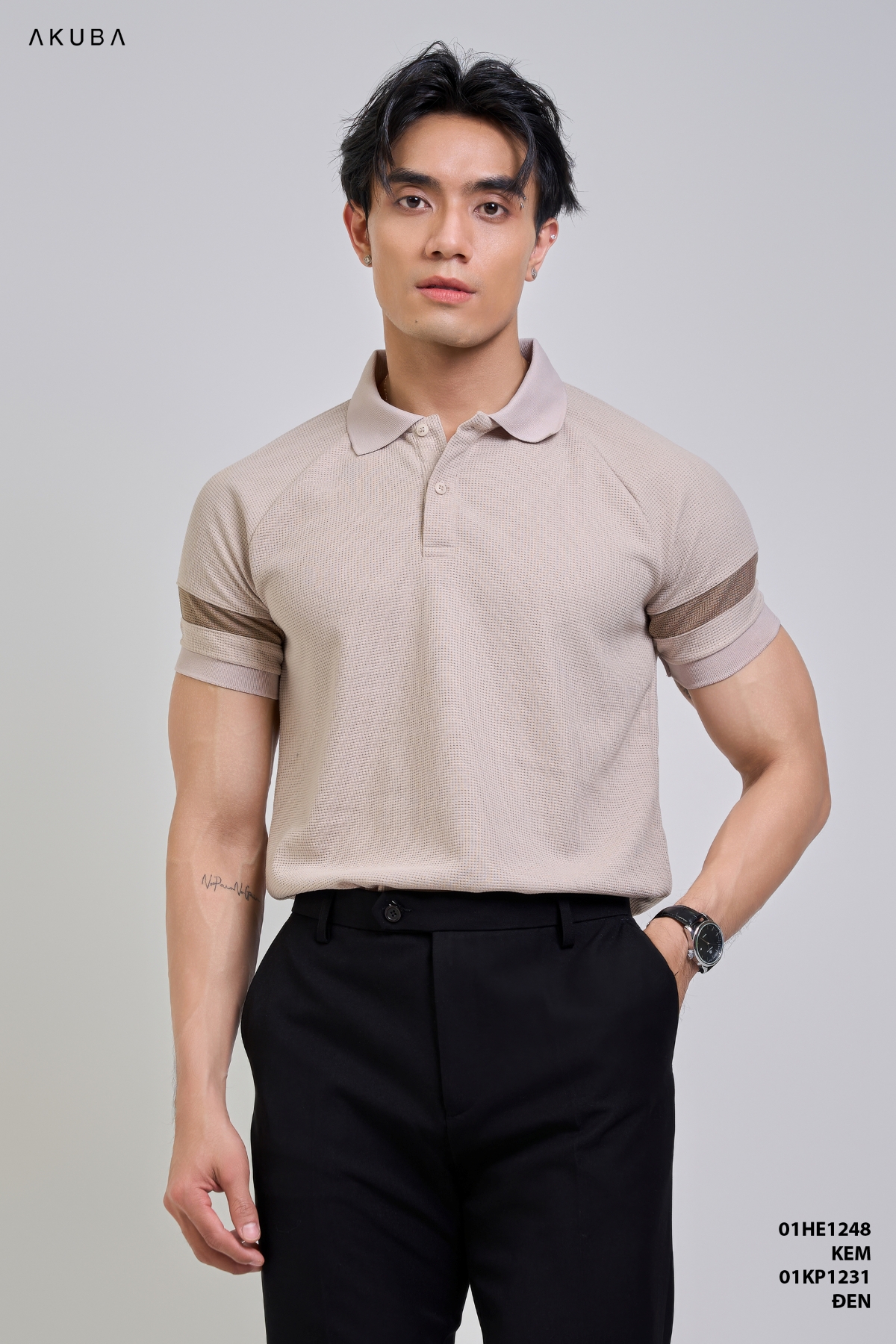 Mô tả Áo Polo Nam AKUBA Chất Vải Cotton Dày Dặn, Tay Ngắn Phối Sọc Ngang, Form Slimfit | 01HE1248 - 8