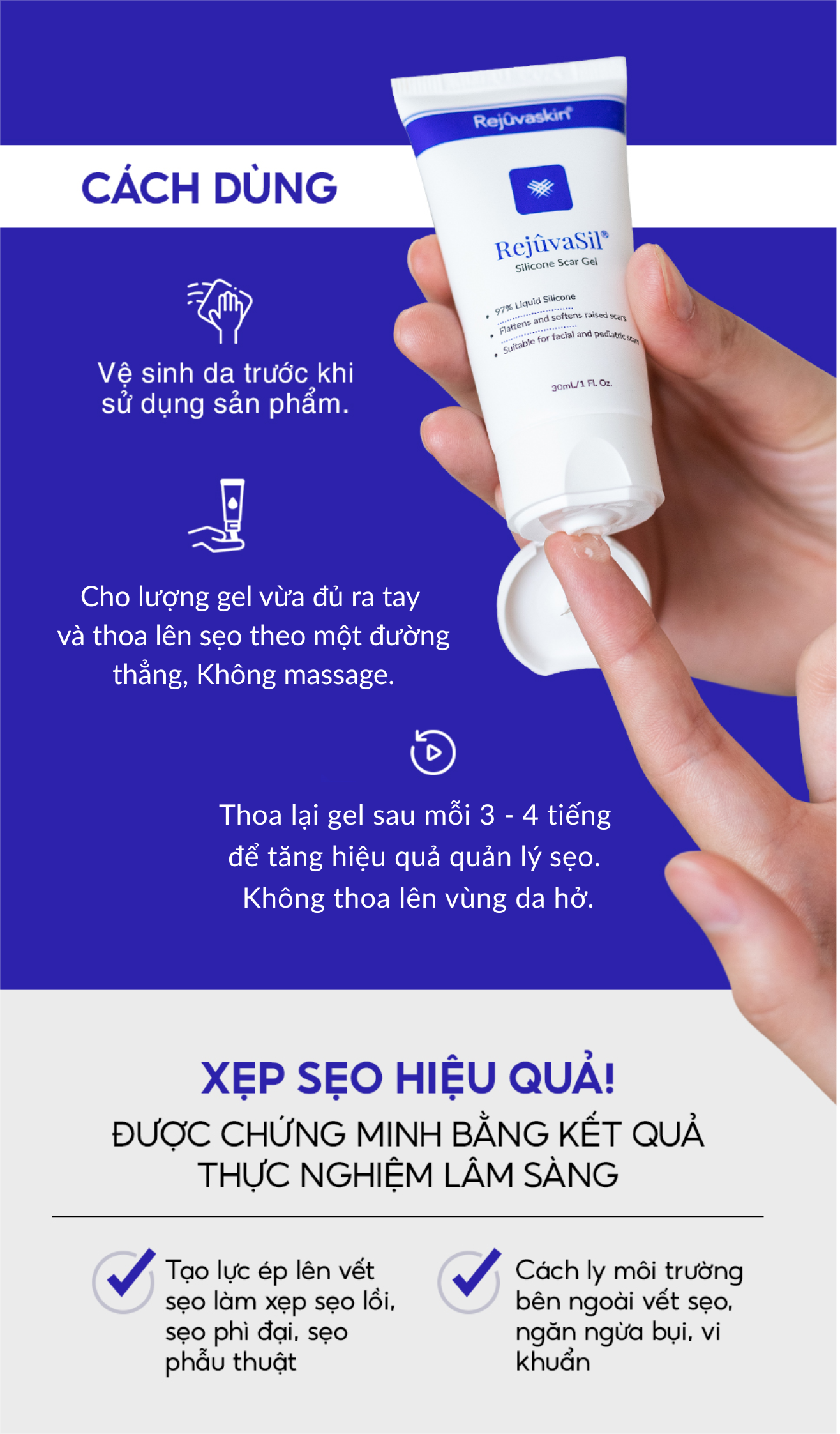 Mô tả Gel ngăn ngừa sẹo và làm xẹp sẹo lồi, sẹo phì đại REJUVASKIN Rejuvasil 10ml - 4