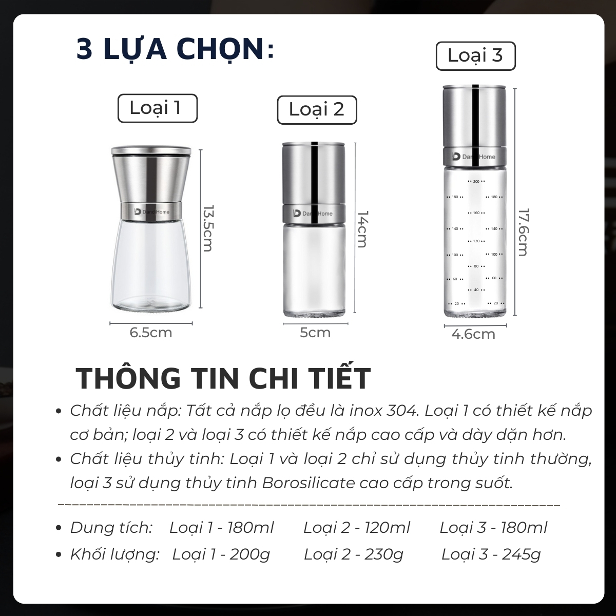 Mô tả Lọ xay tiêu cầm tay thủy tinh và inox 304 cao cấp DandiHome tiện lợi - 2