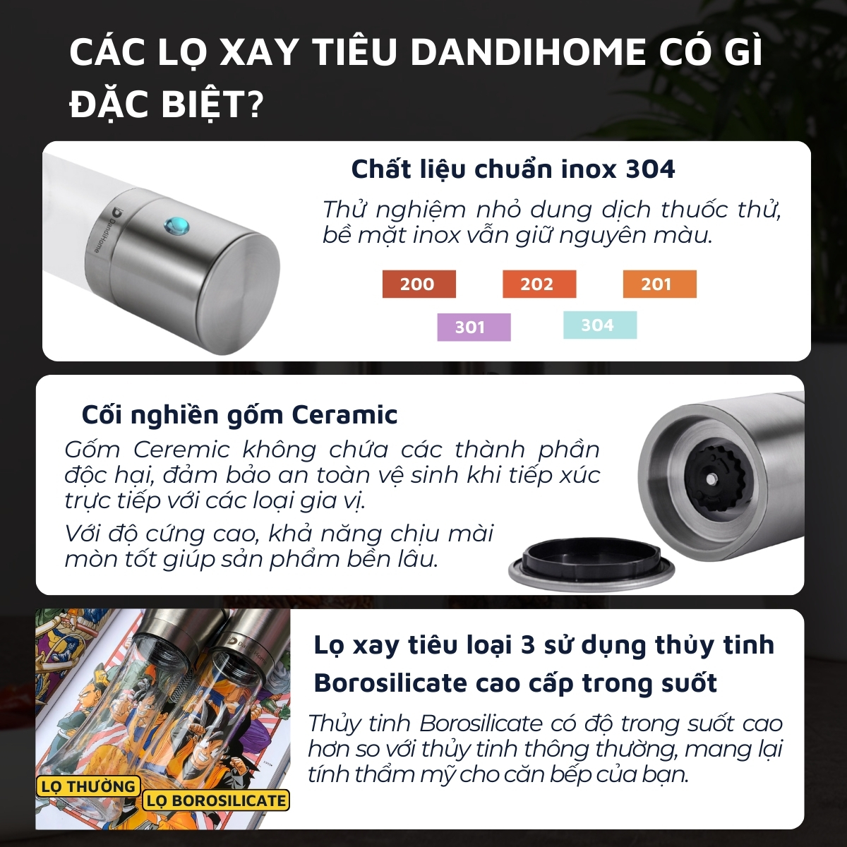 Mô tả Lọ xay tiêu cầm tay thủy tinh và inox 304 cao cấp DandiHome tiện lợi - 4