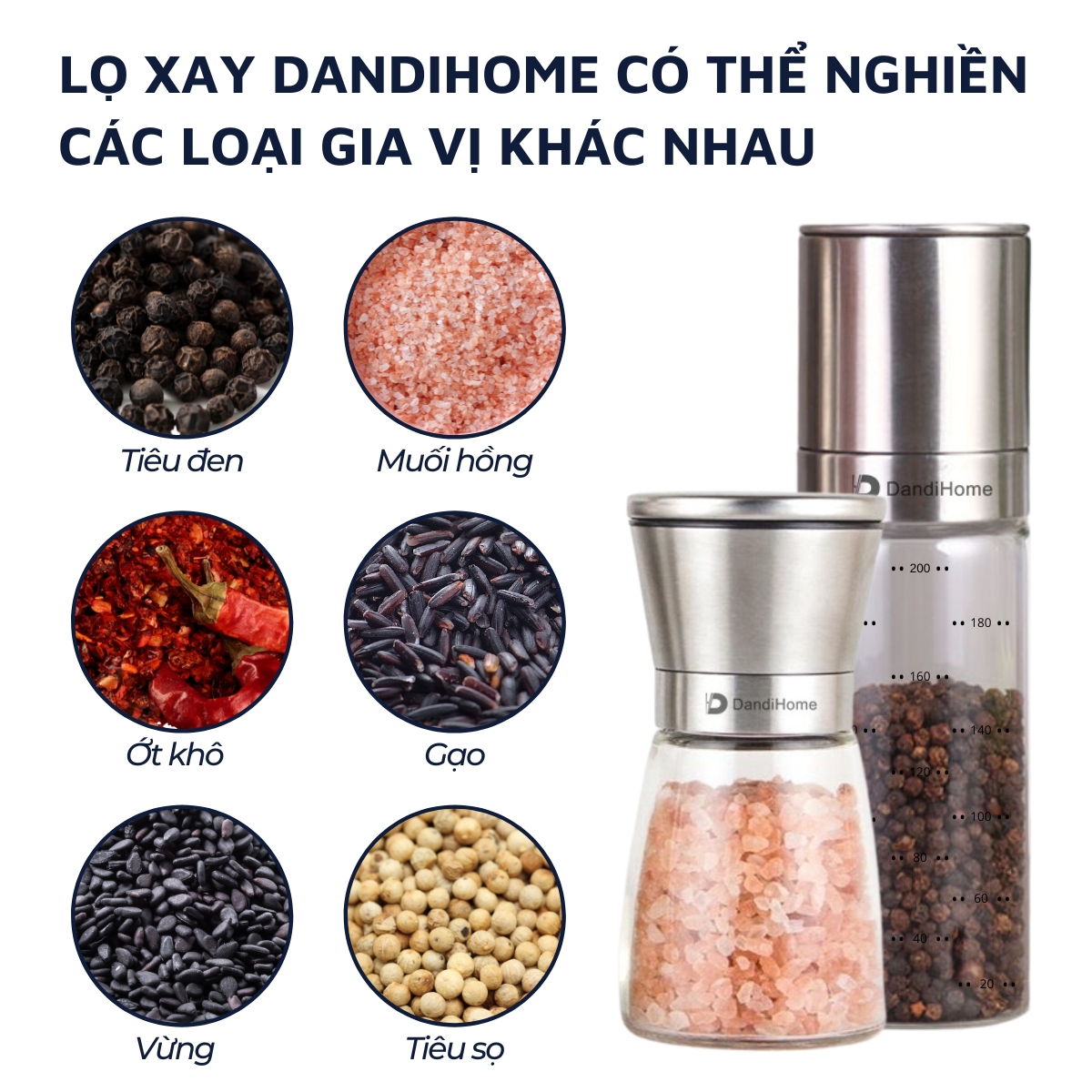 Mô tả Lọ xay tiêu cầm tay thủy tinh và inox 304 cao cấp DandiHome tiện lợi - 6